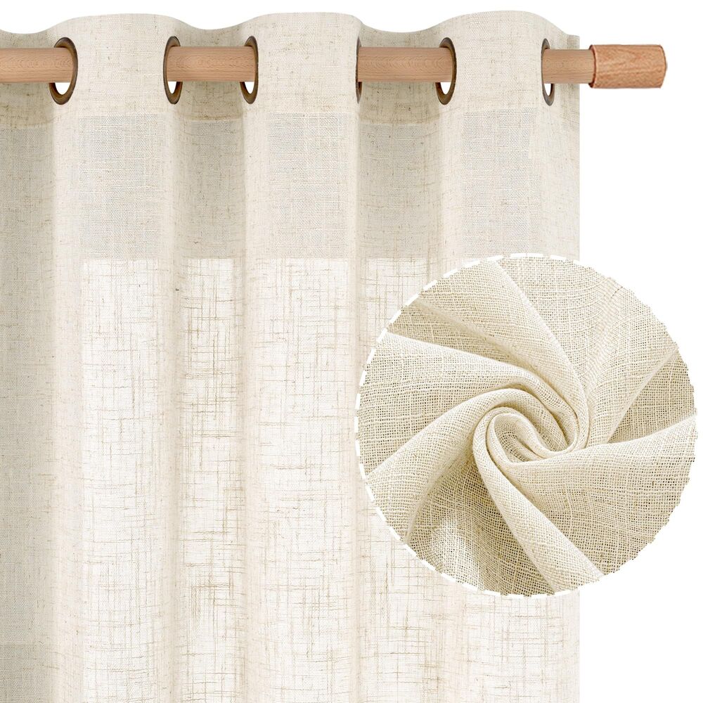 Set of 2 Curtain Panels, 52"W x 90"L Linen Blend Sheer Curtains, Natural